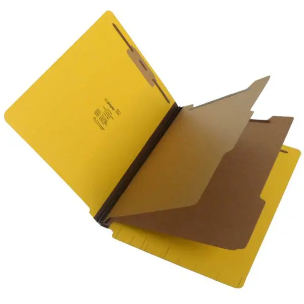 Yellow Letter Size End Tab Two Divider Classification Folder with 2" New Brown Tyvek Expansion and 2" Embedded Fasteners on Inside Front and Back and 1" Duo Fastener on Dividers, 25 pt Type 3 Pressboard Stock Covers and 18 pt Manila Dividers, Packaged 15/75