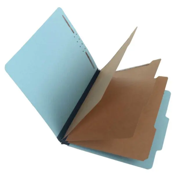 Blue Letter Size Top Tab Three Divider Classification Folder with 3" Dark Blue Tyvek Expansion and 2" Embedded Fasteners on Inside Front and Back and 1" Duo Fastener on Dividers, 25 pt Type 3 Pressboard Stock Covers and 18 pt Manila Dividers, Packaged 10/50