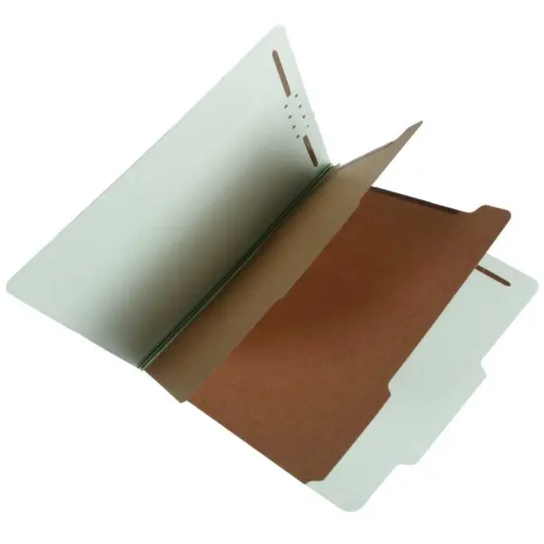 Pale Green Letter Size Top Tab Two Divider Classification Folder with 2" Pearl Green Tyvek Expansion and 2" Embedded Fasteners on Inside Front and Back and 1" Duo Fastener on Dividers, 25 pt Type 3 Pressboard Stock Covers and 18 pt Manila Dividers, Packaged 15/75