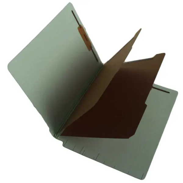 Pale Green Letter Size End Tab Two Divider Classification Folder with 2" Pearl Green Tyvek Expansion and 2" Embedded Fasteners on Inside Front and Back and 1" Duo Fastener on Dividers, 25 pt Type 3 Pressboard Stock Covers and 18 pt Manila Dividers, Packaged 15/75