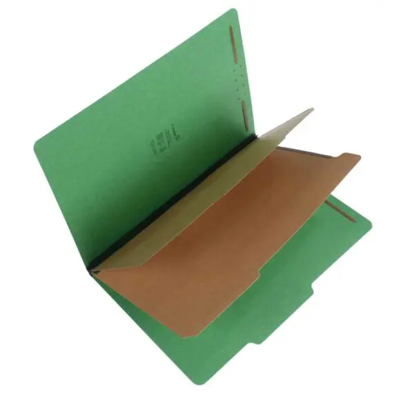 Moss Green Legal Size Top Tab Two Divider Classification Folder with 2" Moss Green Tyvek Expansion and 2" Embedded Fasteners on Inside Front and Back and 1" Duo Fastener on Dividers, 25 pt Type 3 Pressboard Stock Covers and 18 pt Manila Dividers, Packaged 15/75