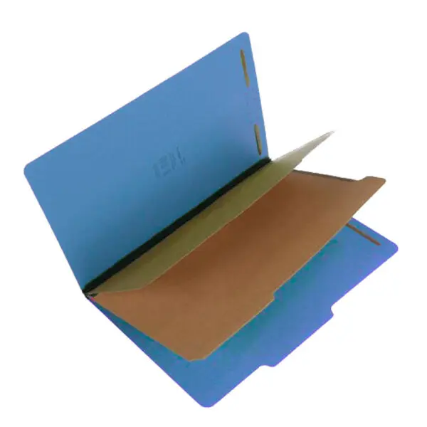 Royal Blue Legal Size Top Tab Two Divider Classification Folder with 2" Dark Blue Tyvek Expansion and 2" Embedded Fasteners on Inside Front and Back and 1" Duo Fastener on Dividers, 25 pt Type 3 Pressboard Stock Covers and 18 pt Manila Dividers, Packaged 15/75