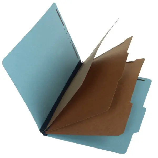 Blue Legal Size Top Tab Three Divider Classification Folder with 3" Dark Blue Tyvek Expansion and 2" Embedded Fasteners on Inside Front and Back and 1" Duo Fastener on Dividers, 25 pt Type 3 Pressboard Stock Covers and 18 pt Manila Dividers, Packaged 10/50
