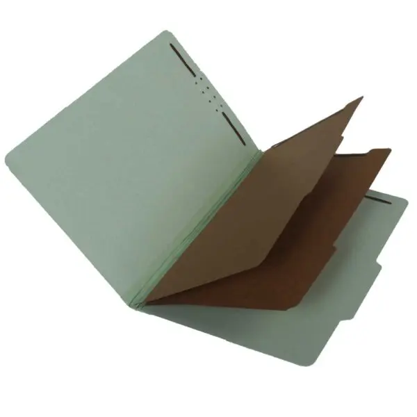 Pale Green Legal Size Top Tab Two Divider Classification Folder with 2" Pearl Green Tyvek Expansion and 2" Embedded Fasteners on Inside Front and Back and 1" Duo Fastener on Dividers, 25 pt Type 3 Pressboard Stock Covers and 18 pt Manila Dividers, Packaged 15/75