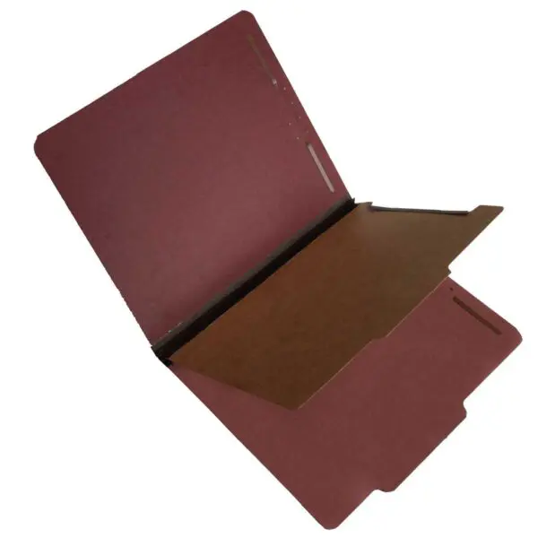 Carnelian Red Legal Size Top Tab One Divider Classification Folder with 2" New Brown Tyvek Expansion and 2" Embedded Fasteners on Inside Front and Back and 1" Duo Fastener on Dividers, 25 pt Type 3 Pressboard Stock Covers and 18 pt Manila Divider, Packaged 20/100