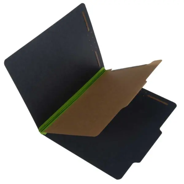 Black Letter Size Top Tab One Divider Classification Folder with 2" Green Tyvek Expansion and 2" Embedded Fasteners on Inside Front and Back and 1" Duo Fastener on Dividers, 25 pt Type 3 Pressboard Stock Covers and 18 pt Manila Divider, Packaged 20/100