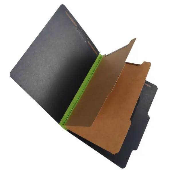 Black Letter Size Top Tab Two Divider Classification Folder with 2" Green Tyvek Expansion and 2" Embedded Fasteners on Inside Front and Back and 1" Duo Fastener on Dividers, 25 pt Type 3 Pressboard Stock Covers and 18 pt Manila Dividers, Packaged 15/75