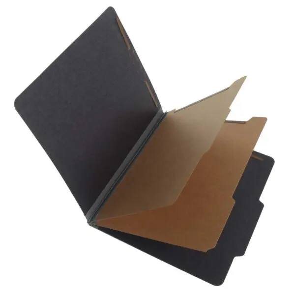 Black Letter Size Top Tab Two Divider Classification Folder with 2" Gray Tyvek Expansion and 2" Embedded Fasteners on Inside Front and Back and 1" Duo Fastener on Dividers, 25 pt Type 3 Pressboard Stock Covers and 18 pt Manila Dividers, Packaged 15/75
