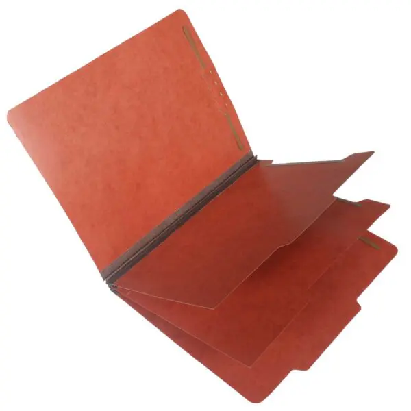 Terracota Red Letter Size Top Tab Two Divider Classification Folder with 2" New Brown Tyvek Expansion and 2" Embedded Fasteners on Inside Front and Back and 1" Duo Fastener on Dividers, 15 pt Terracota Red Vermont Marble Stock, Packaged 15/75