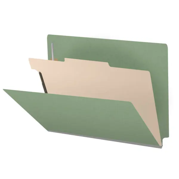 A Green Letter Size End Tab One Divider Classification Folder with 2" Dove Gray Tyvek Expansion and 2" Bonded Fasteners on Inside Front and Back and 1" Duo Fastener on Divider, 25 pt Type 3 Pressboard Stock Covers and 18 pt Manila Divider, Packaged 10/50