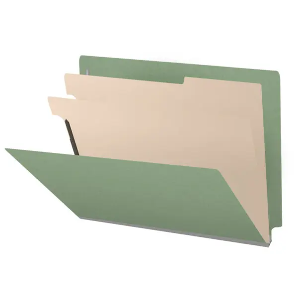 A Green Letter Size End Tab Two Divider Classification Folder with 2" Dove Gray Tyvek Expansion and 2" Bonded Fasteners on Inside Front and Back and 1" Duo Fastener on Dividers, 25 pt Type 3 Pressboard Stock Covers and 18 pt Manila Dividers, Packaged 10/50