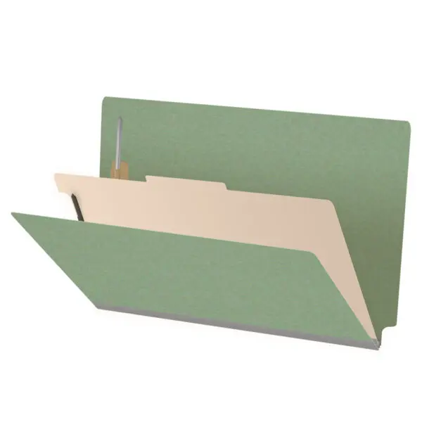 A Green Legal Size End Tab One Divider Classification Folder with 2" Dove Gray Tyvek Expansion and 2" Bonded Fasteners on Inside Front and Back and 1" Duo Fastener on Divider, 25 pt Type 3 Pressboard Stock Covers and 18 pt Manila Divider, Packaged 10/50
