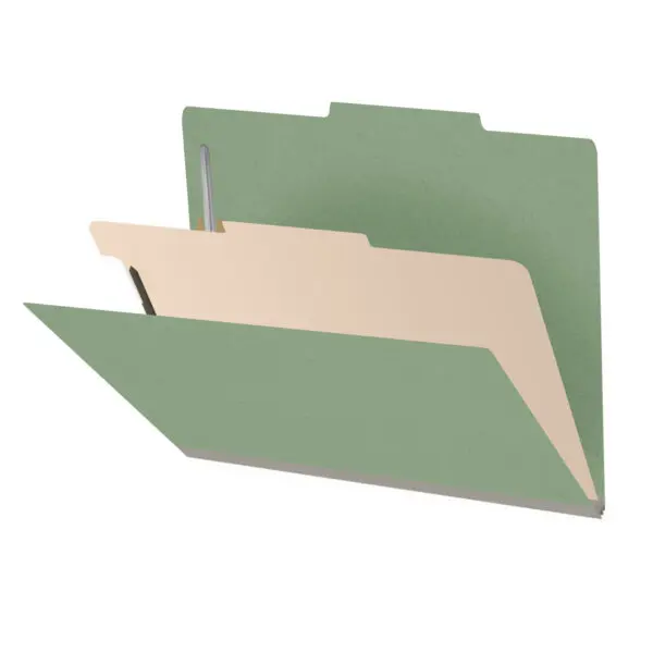 A Green Letter Size Top Tab One Divider Classification Folder with 2" Dove Gray Tyvek Expansion and 2" Bonded Fasteners on Inside Front and Back and 1" Duo Fastener on Divider, 25 pt Type 3 Pressboard Stock Covers and 18 pt Manila Divider, Packaged 10/50