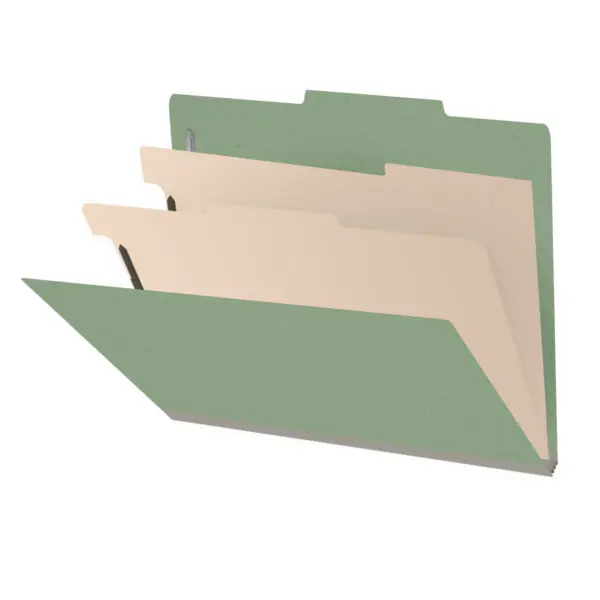 A Green Letter Size Top Tab Two Divider Classification Folder with 2" Dove Gray Tyvek Expansion and 2" Bonded Fasteners on Inside Front and Back and 1" Duo Fastener on Dividers, 25 pt Type 3 Pressboard Stock Covers and 18 pt Manila Dividers, Packaged 10/50