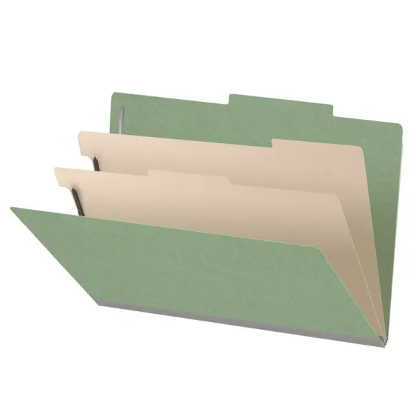 A Green Legal Size Top Tab Two Divider Classification Folder with 2" Dove Gray Tyvek Expansion and 2" Bonded Fasteners on Inside Front and Back and 1" Duo Fastener on Dividers, 25 pt Type 3 Pressboard Stock Covers and 18 pt Manila Dividers, Packaged 10/50