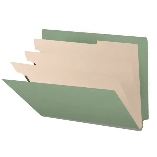A Green Letter Size End Tab Three Divider Classification Folder with 3" Dove Gray Tyvek Expansion and 2" Bonded Fasteners on Inside Front and Back and 1" Duo Fastener on Dividers, 25 pt Type 3 Pressboard Stock Covers and 18 pt Manila Dividers, Packaged 10/50