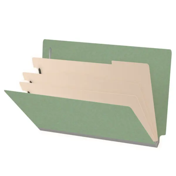 A Green Legal Size End Tab Three Divider Classification Folder with 3" Dove Gray Tyvek Expansion and 2" Bonded Fasteners on Inside Front and Back and 1" Duo Fastener on Dividers, 25 pt Type 3 Pressboard Stock Covers and 18 pt Manila Dividers, Packaged 10/50