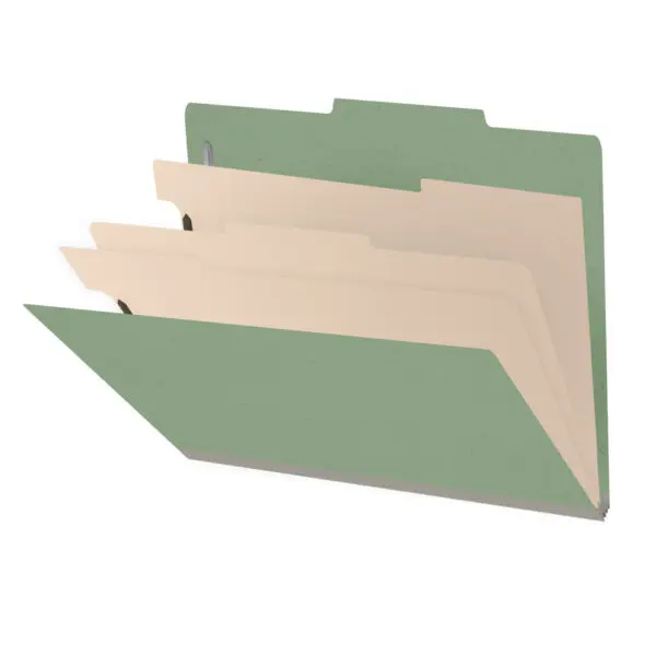 A Green Letter Size Top Tab Three Divider Classification Folder with 3" Dove Gray Tyvek Expansion and 2" Bonded Fasteners on Inside Front and Back and 1" Duo Fastener on Dividers, 25 pt Type 3 Pressboard Stock Covers and 18 pt Manila Dividers, Packaged 10/50