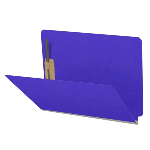 Purple letter size end tab classification folder with 2" gray tyvek expansion and 2" bonded fasteners on inside front and inside back. 18 pt. paper stock. Packaged 25/125.