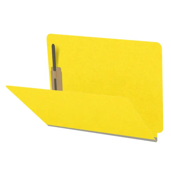 Yellow letter size end tab classification folder with 2" gray tyvek expansion and 2" bonded fasteners on inside front and inside back. 18 pt. paper stock. Packaged 25/125.