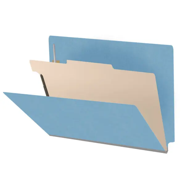 Blue letter size end tab classification folder with 2" gray tyvek expansion, with 2" bonded fasteners on inside front and inside back and 1" duo fastener on divider, 18 pt paper stock and 18 pt manila divider, Packaged 10/50