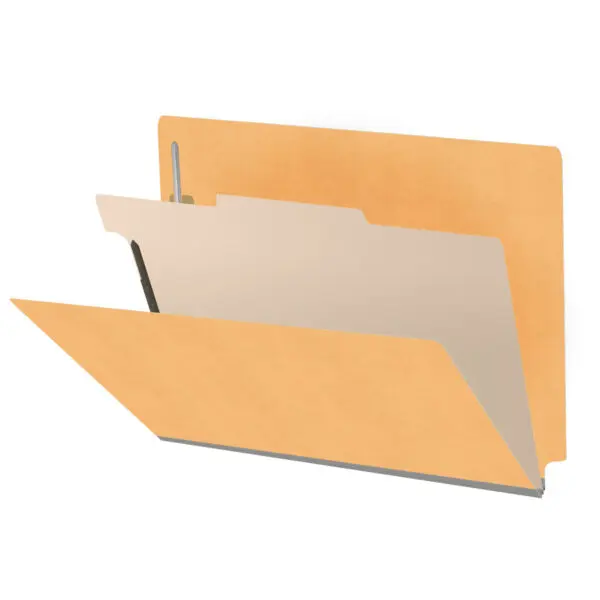 Gold letter size end tab classification folder with 2" gray tyvek expansion, with 2" bonded fasteners on inside front and inside back and 1" duo fastener on divider, 18 pt paper stock and 18 pt manila divider, Packaged 10/50