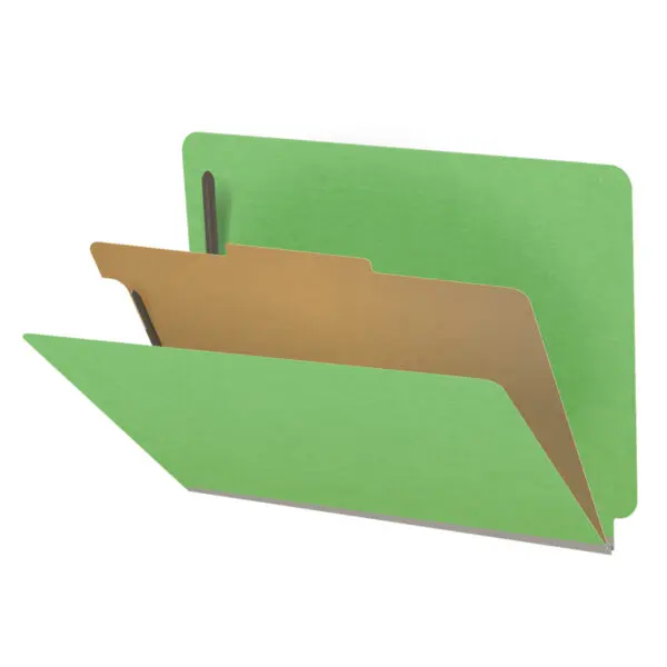 Green letter size end tab classification folder with 2" gray tyvek expansion, with 2" bonded fasteners on inside front and inside back and 1" duo fastener on divider, 18 pt paper stock and 18 pt manila divider, Packaged 10/50