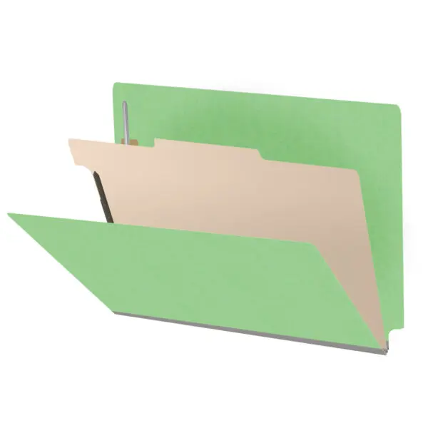 Green letter size end tab classification folder with 2" gray tyvek expansion, with 2" bonded fasteners on inside front and inside back and 1" duo fastener on divider, 18 pt paper stock and 18 pt manila divider, Packaged 10/50