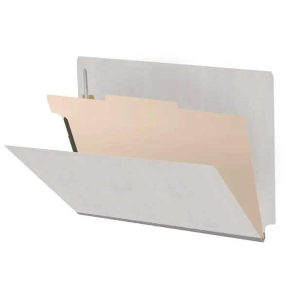 Grey letter size end tab classification folder with 2" gray tyvek expansion, with 2" bonded fasteners on inside front and inside back and 1" duo fastener on divider, 18 pt paper stock and 18 pt manila divider, Packaged 10/50