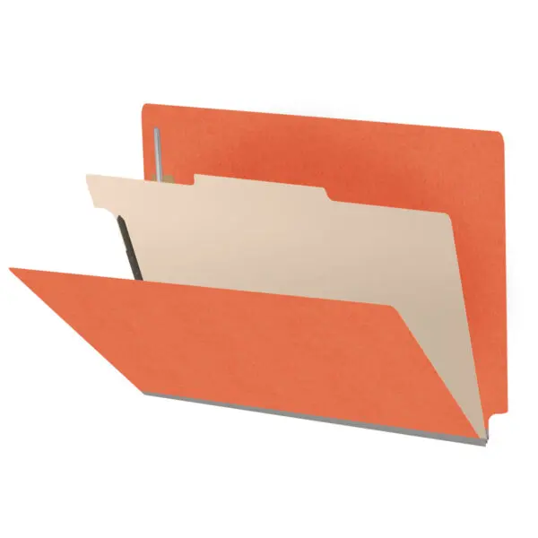 Orange letter size end tab classification folder with 2" gray tyvek expansion, with 2" bonded fasteners on inside front and inside back and 1" duo fastener on divider, 18 pt paper stock and 18 pt manila divider, Packaged 10/50