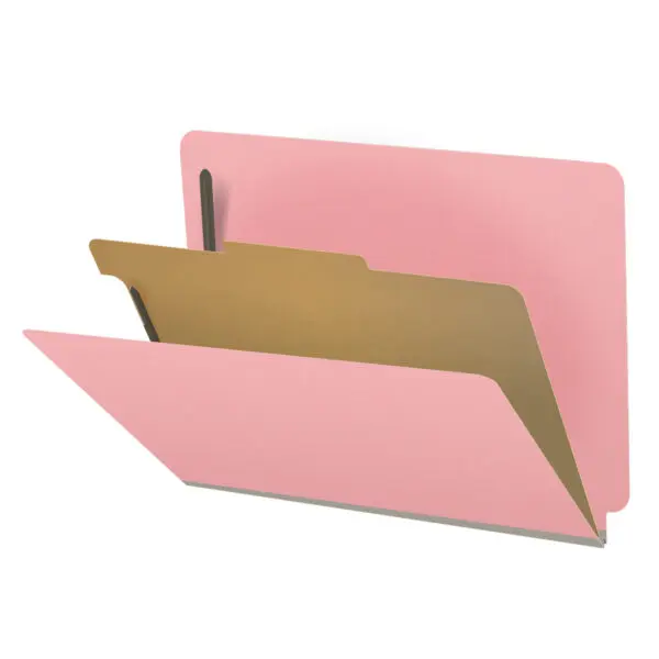 Pink letter size end tab classification folder with 2" gray tyvek expansion, with 2" bonded fasteners on inside front and inside back and 1" duo fastener on divider, 18 pt paper stock and 18 pt manila divider, Packaged 10/50