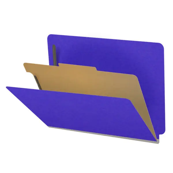 Purple letter size end tab classification folder with 2" gray tyvek expansion, with 2" bonded fasteners on inside front and inside back and 1" duo fastener on divider, 18 pt paper stock and 18 pt manila divider, Packaged 10/50