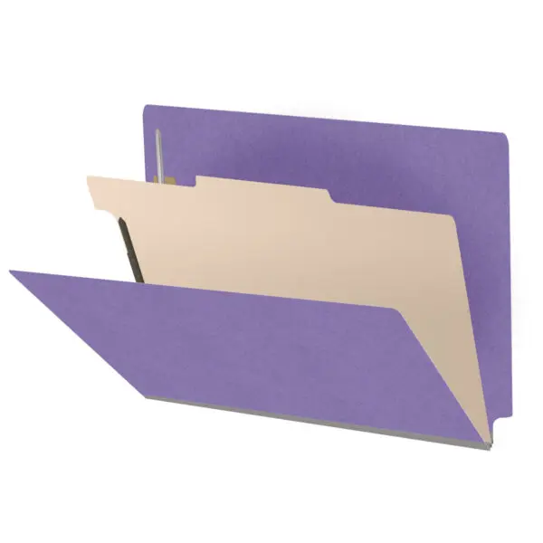 Purple letter size end tab classification folder with 2" gray tyvek expansion, with 2" bonded fasteners on inside front and inside back and 1" duo fastener on divider, 18 pt paper stock and 18 pt manila divider, Packaged 10/50