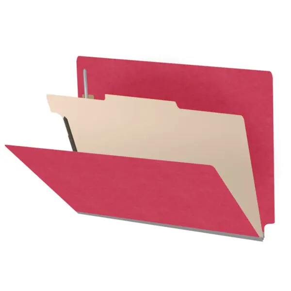Red letter size end tab classification folder with 2" gray tyvek expansion, with 2" bonded fasteners on inside front and inside back and 1" duo fastener on divider, 18 pt paper stock and 18 pt manila divider, Packaged 10/50