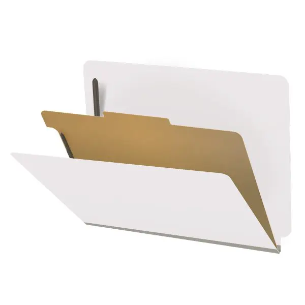 White letter size end tab classification folder with 2" gray tyvek expansion, with 2" bonded fasteners on inside front and inside back and 1" duo fastener on divider, 18 pt paper stock and 18 pt manila divider, Packaged 10/50