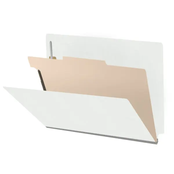 White letter size end tab classification folder with 2" gray tyvek expansion, with 2" bonded fasteners on inside front and inside back and 1" duo fastener on divider, 18 pt paper stock and 18 pt manila divider, Packaged 10/50