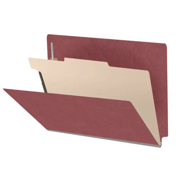Dark red letter size end tab one divider classification folder with 2" russet brown tyvek expansion, with 2" bonded fasteners on inside front and inside back and 1" duo fastener on divider, 25 pt type 3 pressboard stock covers and 18 pt manila divider, Packaged 10/50