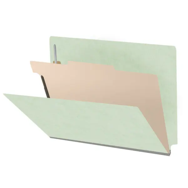 Pale green letter size end tab one divider classification folder with 2" gray tyvek expansion, with 2" bonded fasteners on inside front and inside back and 1" duo fastener on divider, 25 pt type 3 pressboard stock covers and 18 pt manila divider, Packaged 10/50