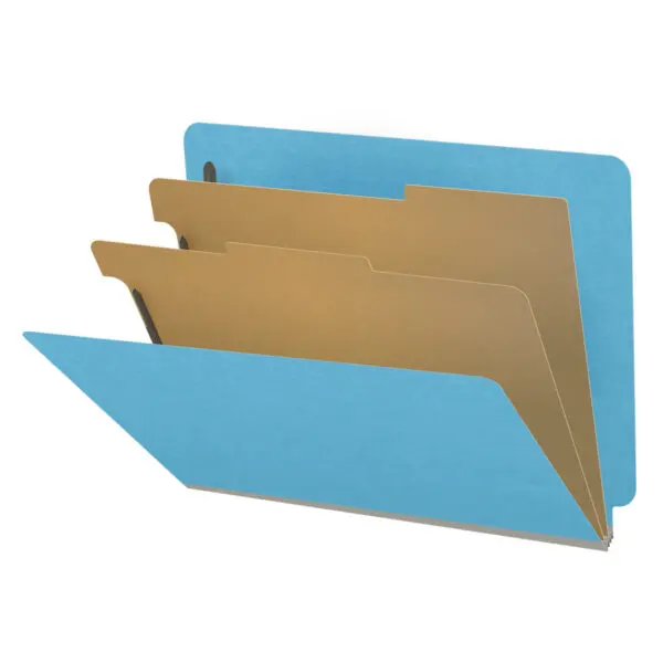 Blue letter size end tab classification folder with 2" gray tyvek expansion, with 2" bonded fasteners on inside front and inside back and 1" duo fastener on dividers, 18 pt paper stock and 18 pt manila dividers, Packaged 10/50