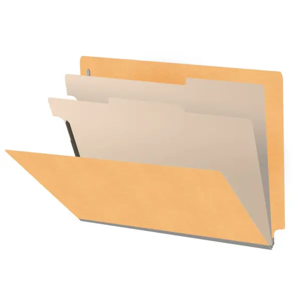 Gold letter size end tab classification folder with 2" gray tyvek expansion, with 2" bonded fasteners on inside front and inside back and 1" duo fastener on dividers, 18 pt paper stock and 18 pt manila dividers, Packaged 10/50