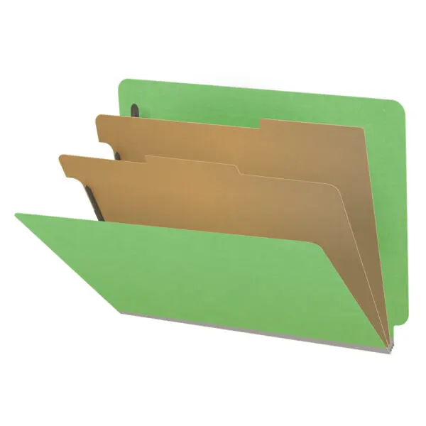 Green letter size end tab classification folder with 2" gray tyvek expansion, with 2" bonded fasteners on inside front and inside back and 1" duo fastener on dividers, 18 pt paper stock and 18 pt manila dividers, Packaged 10/50