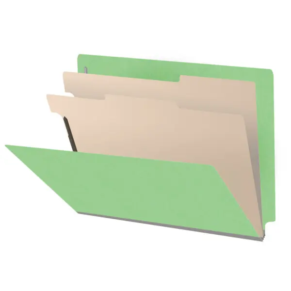 Green letter size end tab classification folder with 2" gray tyvek expansion, with 2" bonded fasteners on inside front and inside back and 1" duo fastener on dividers, 18 pt paper stock and 18 pt manila dividers, Packaged 10/50