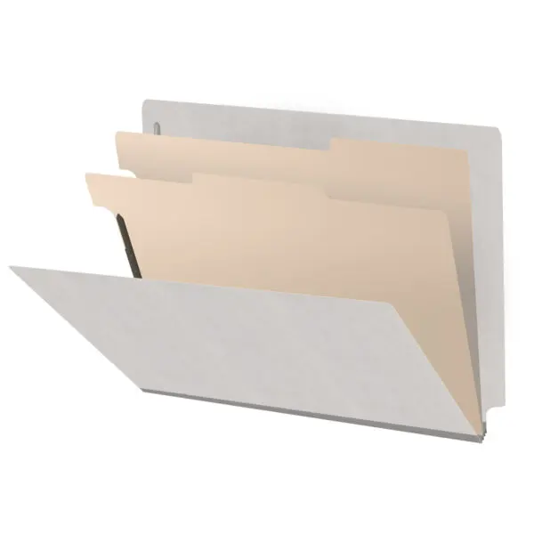 Grey letter size end tab classification folder with 2" gray tyvek expansion, with 2" bonded fasteners on inside front and inside back and 1" duo fastener on dividers, 18 pt paper stock and 18 pt manila dividers, Packaged 10/50