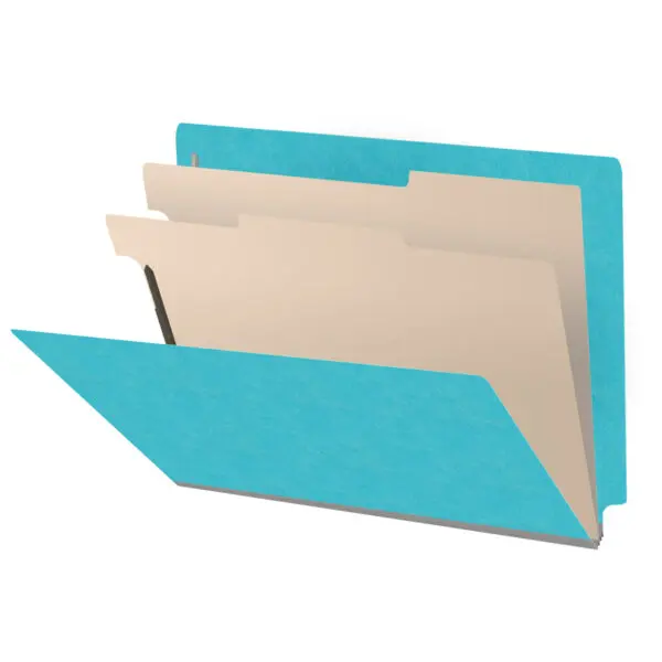 Light blue letter size end tab classification folder with 2" gray tyvek expansion, with 2" bonded fasteners on inside front and inside back and 1" duo fastener on dividers, 18 pt paper stock and 18 pt manila dividers, Packaged 10/50