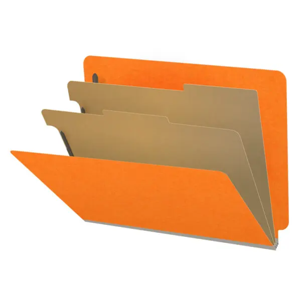 Orange letter size end tab classification folder with 2" gray tyvek expansion, with 2" bonded fasteners on inside front and inside back and 1" duo fastener on dividers, 18 pt paper stock and 18 pt manila dividers, Packaged 10/50