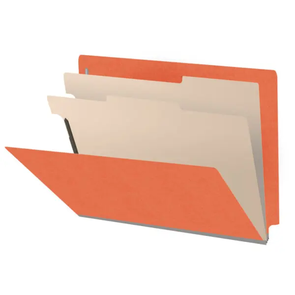 Orange letter size end tab classification folder with 2" gray tyvek expansion, with 2" bonded fasteners on inside front and inside back and 1" duo fastener on dividers, 18 pt paper stock and 18 pt manila dividers, Packaged 10/50