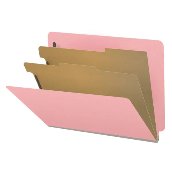 Pink letter size end tab classification folder with 2" gray tyvek expansion, with 2" bonded fasteners on inside front and inside back and 1" duo fastener on dividers, 18 pt paper stock and 18 pt manila dividers, Packaged 10/50