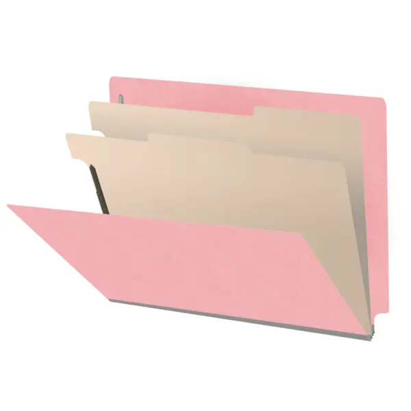 Pink letter size end tab classification folder with 2" gray tyvek expansion, with 2" bonded fasteners on inside front and inside back and 1" duo fastener on dividers, 18 pt paper stock and 18 pt manila dividers, Packaged 10/50