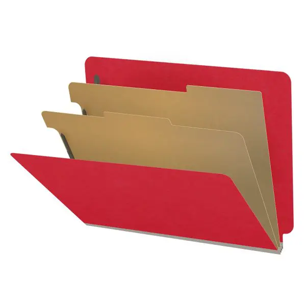 Red letter size end tab classification folder with 2" gray tyvek expansion, with 2" bonded fasteners on inside front and inside back and 1" duo fastener on dividers, 18 pt paper stock and 18 pt manila dividers, Packaged 10/50
