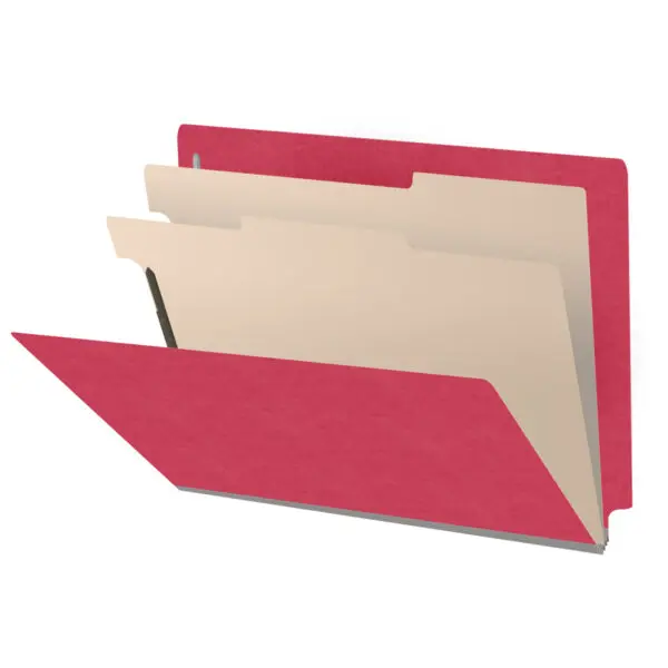 Red letter size end tab classification folder with 2" gray tyvek expansion, with 2" bonded fasteners on inside front and inside back and 1" duo fastener on dividers, 18 pt paper stock and 18 pt manila dividers, Packaged 10/50